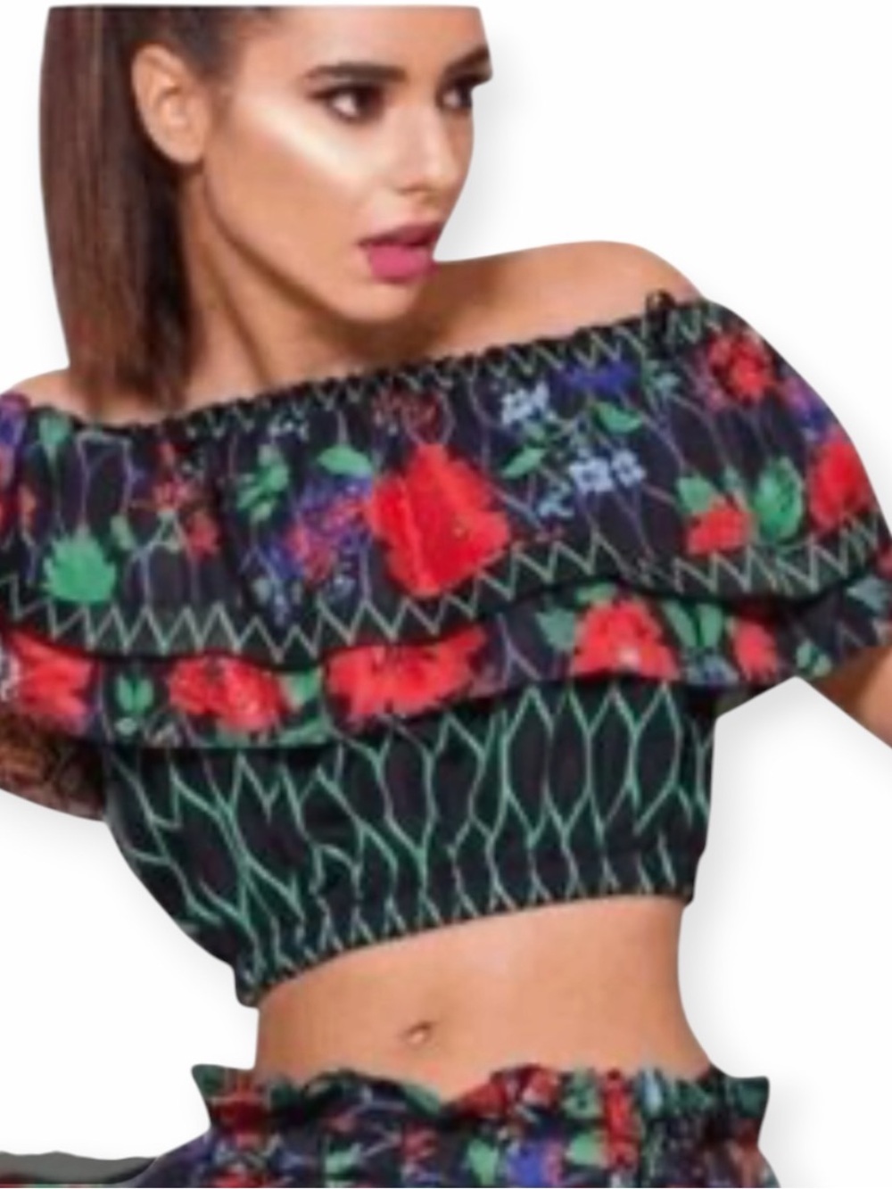 Kenzo x H&M Black Off-Shoulder Floral Smocked Silk Blend Crop Top NWT